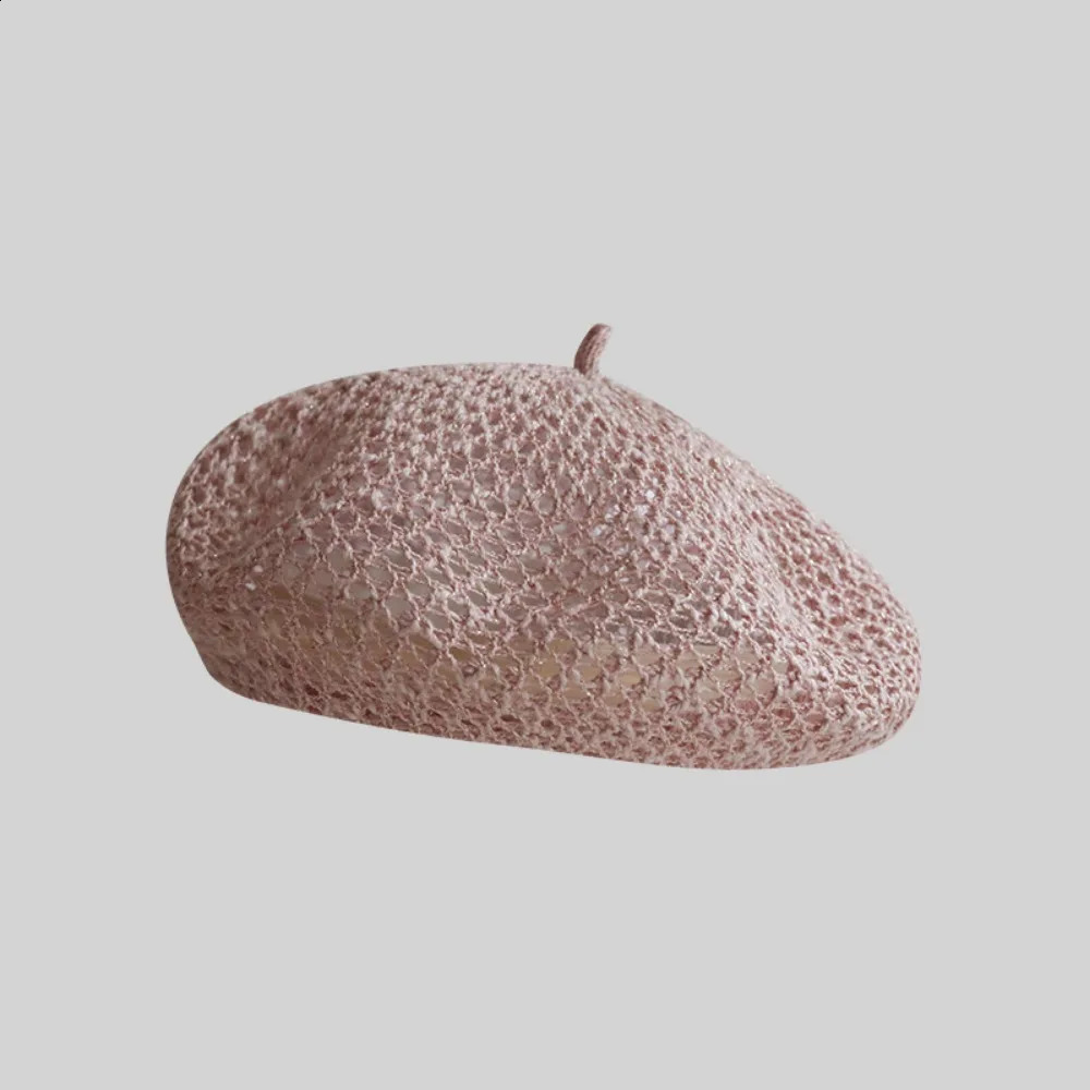 Casual Solid Color Hollow Beret Hollow Knitted Breathable Painter Hat Thin Bright Thread Pumpkin Hat Women 260916
