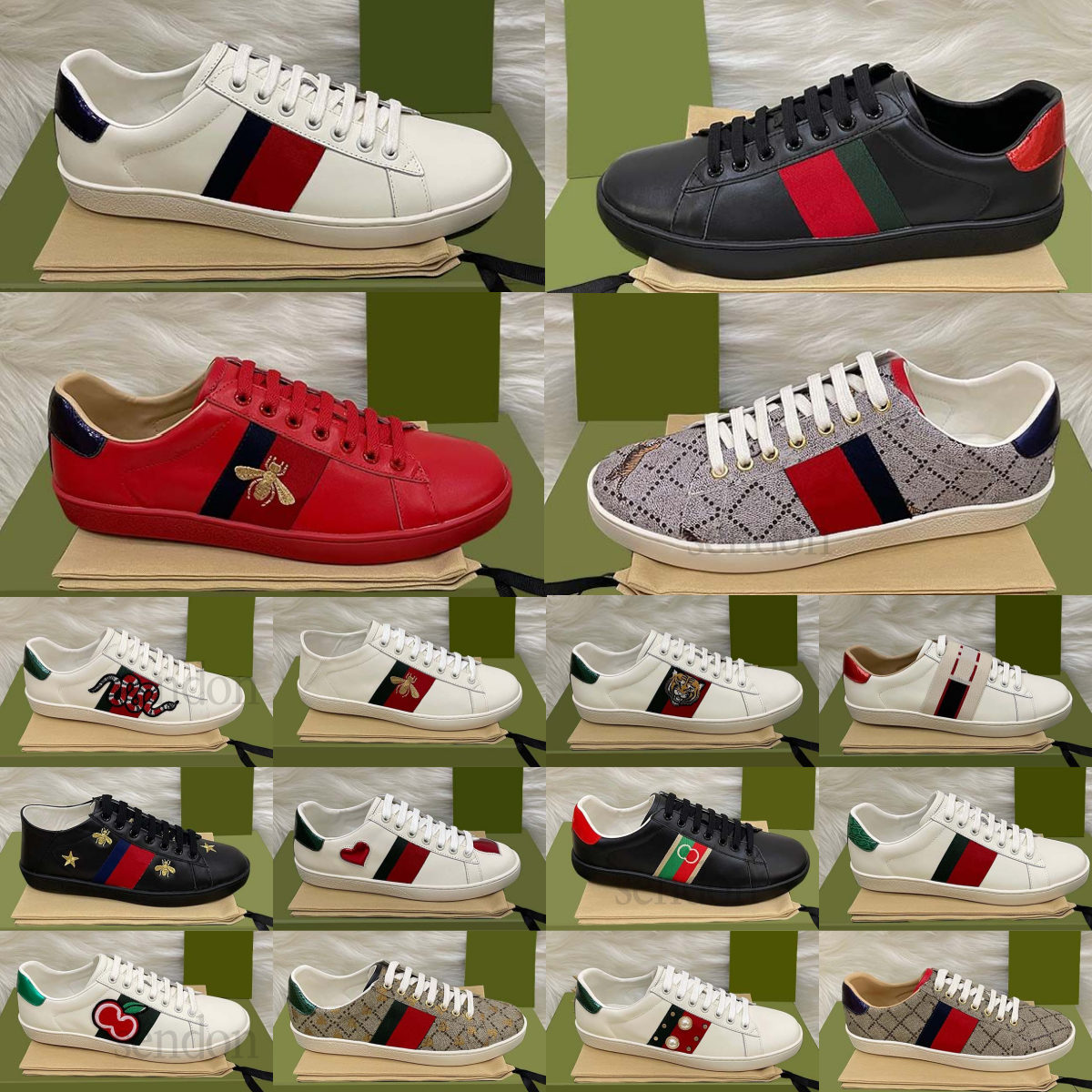 Designer white Shoes High Quality Leather Sneakers Snake bee Green Red Stripes Classic Mens and Womens Casual Outdoor shoes