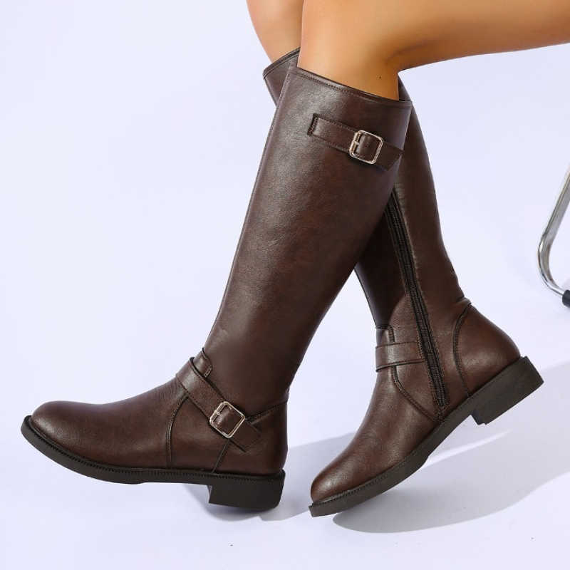 Women Leather Vintage Knee-High PU Boots Metal Side Zipper Shoes Comfort Square Low Heels Big Size Long Botas Mujer D260916