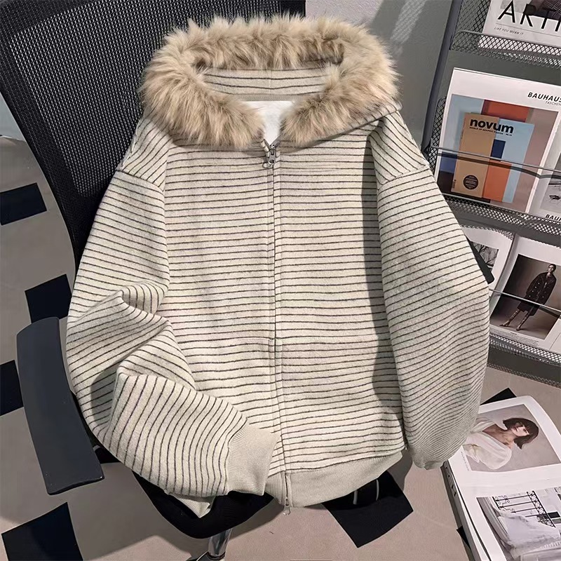 Striped Hooded Sweatshirt Coat for Women, Loose Knit with Fur Trim, Zip-Up Pullover for Autumn and Winter