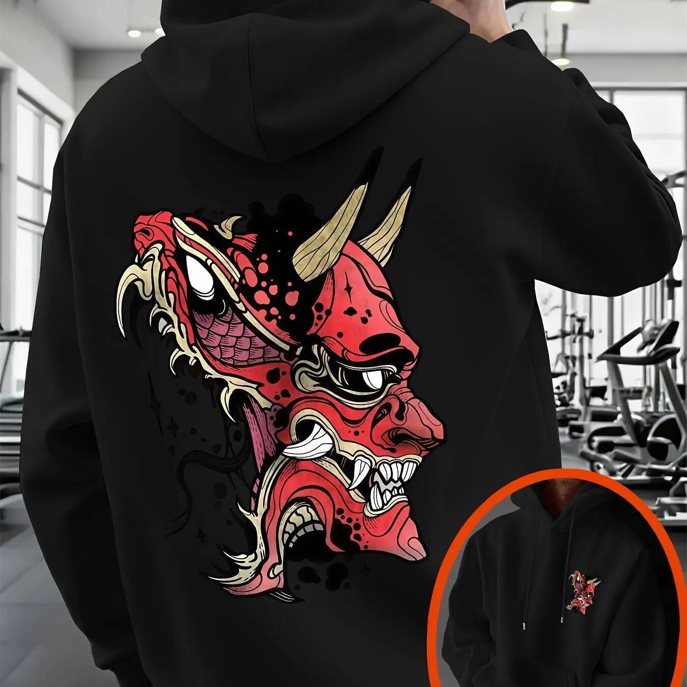 Men's Japanese Oni Demon Mask Graphic Hoodie Sweatshirt Red Devil Face Tattoo Print Oversized Streetwear Pullover Autumn Winter J260916