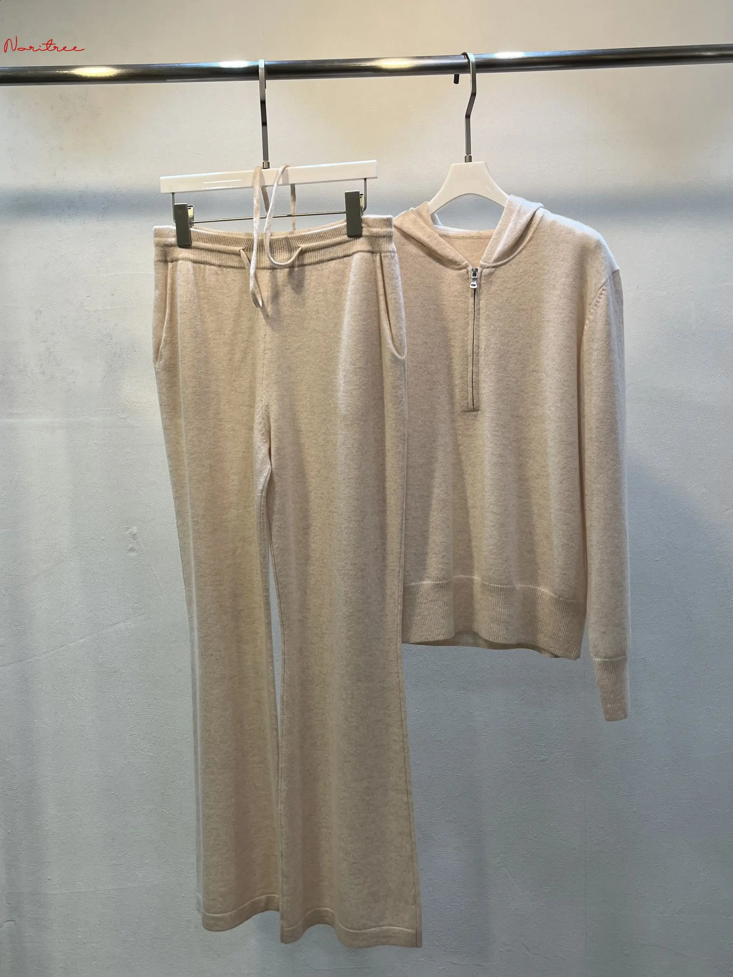 Two Pieces 100% Cashmere Sets Wool Suits Female Hooded Warm Mink Cashmere Knit Tops Wide Leg Wool Pant Sets WY1689 260916