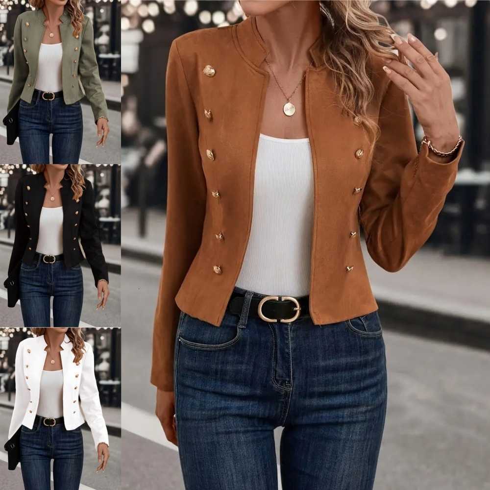 women 2026 Coat casual winter solid color button slim double-breasted suit short jacket for women's clothingT260916
