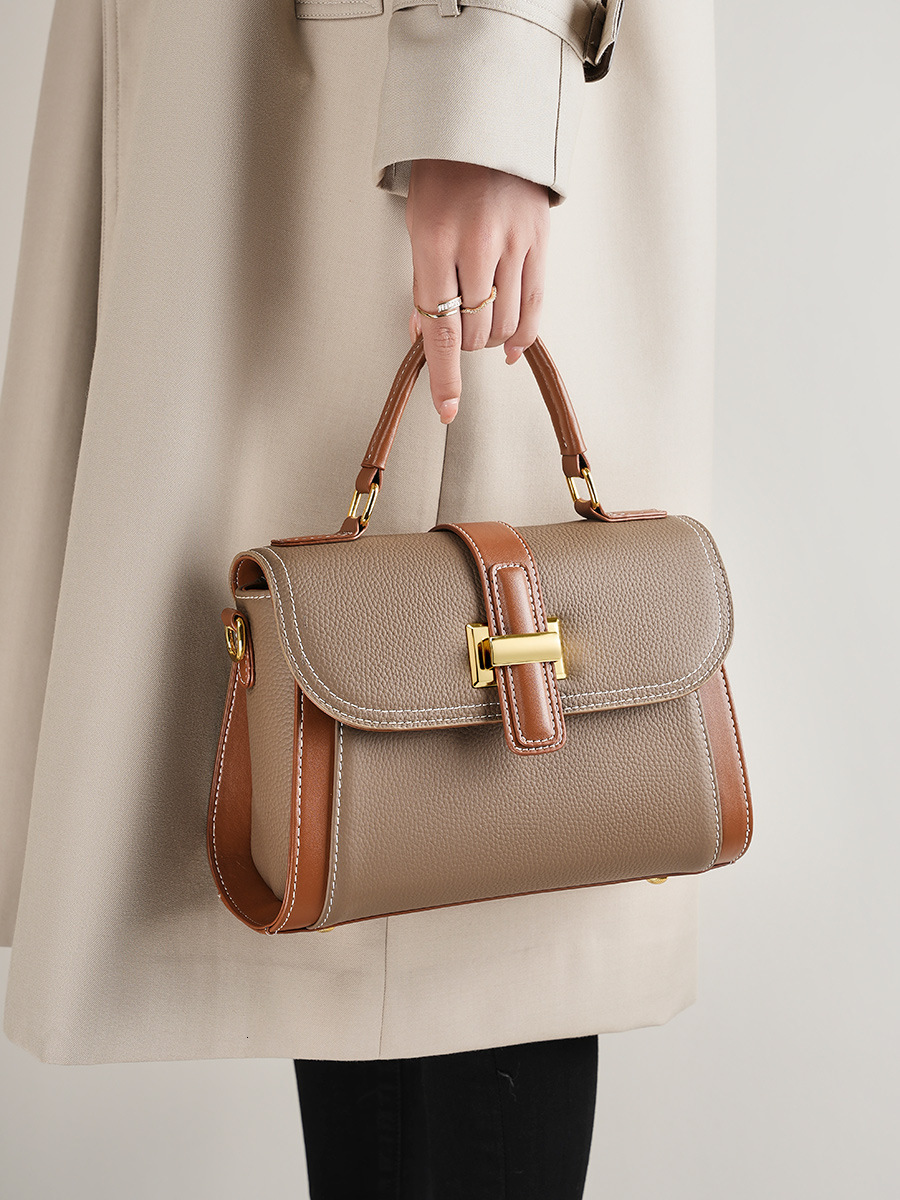 Women Top Grain Cowhide Handbag Fashion Color Block Flap Bag Niche Light Luxury Crossbody Shoulder Bag Premium Genuine Leather Versatile