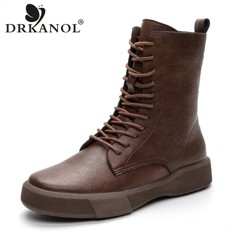 DRKANOL 2026 Big Size 3543 Women Winter Mid Calf Boots Cowhide Round Toe Flat Heel Soft Bottom Casual Plush Warm 260916