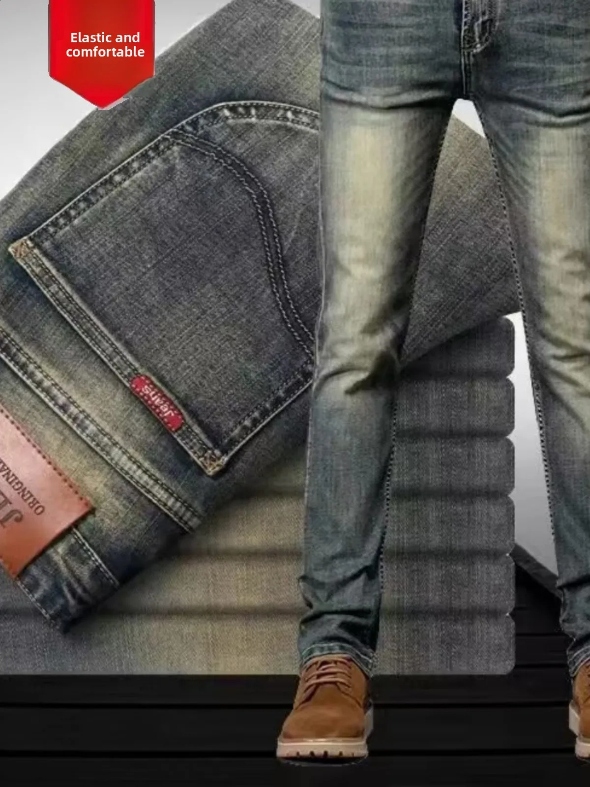 High-End Retro Men's Straight Leg Stretchy Jeans Fashionable Urban Casual Long Trousers Spring Autumn Cotton Stretch Denim 260916