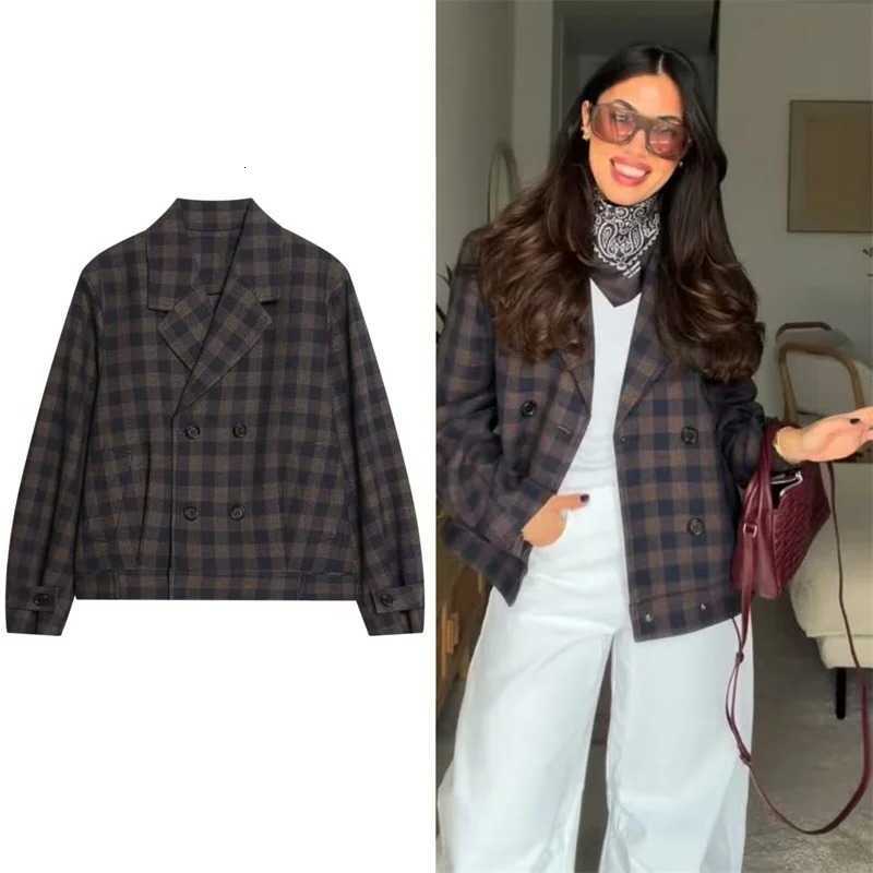 Women's Coat ZHIO 2026 summer New Dark Brown Plaid Long-Sleeve Loose Jacket Casual Fashion Versatile StyleT260916