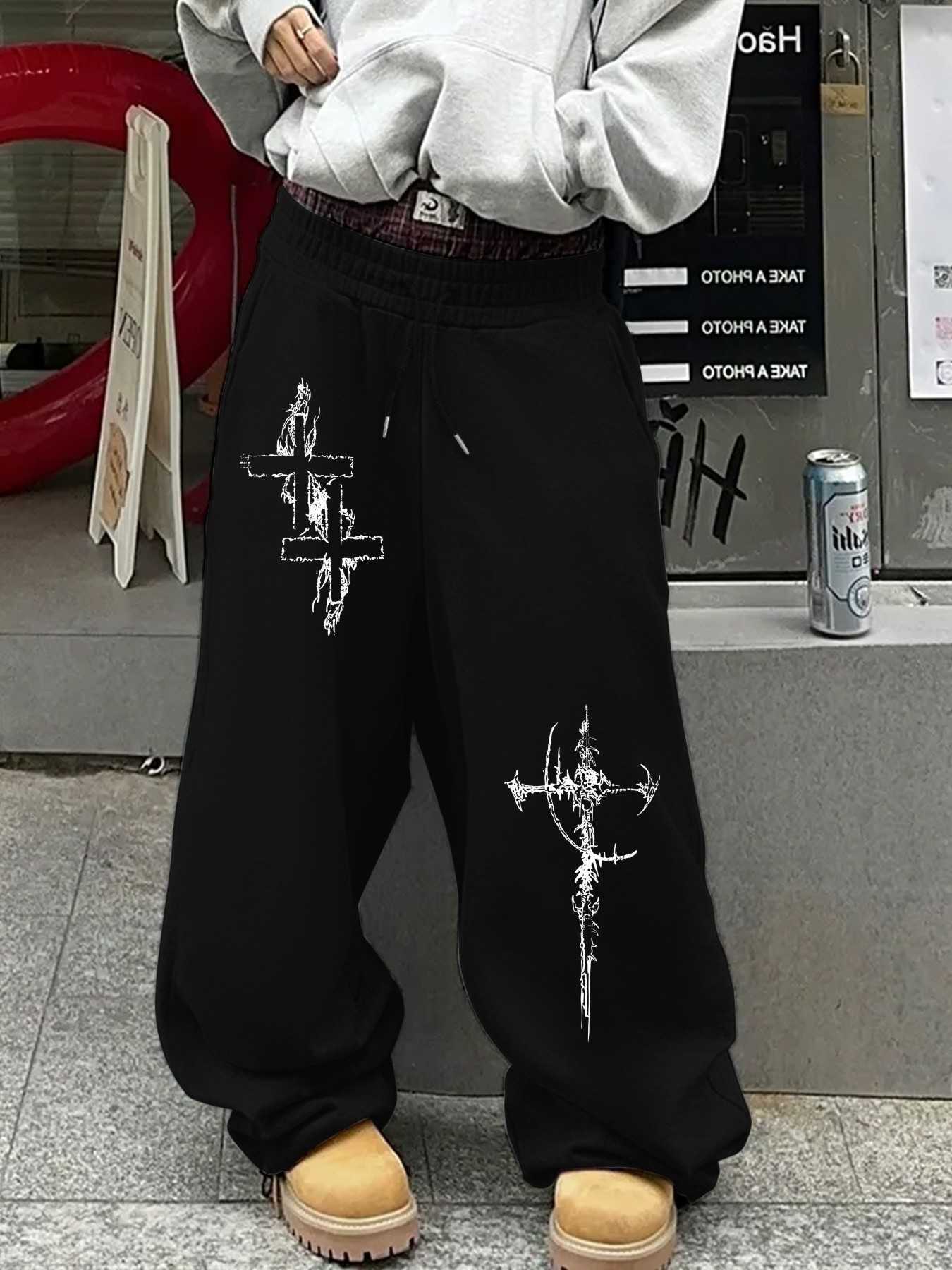 Cross Graffiti Print Straight Men Leg Sweatpants Trend Hip Hop Streetwear Drawstring Loose Trousers Soft Versatile Daily S-3XL D260916