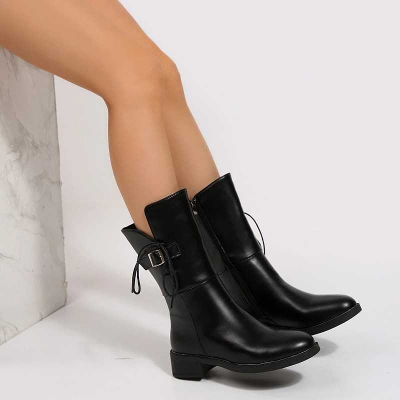 Winter Women's Autumn Mid-Calf Boots fashion New Casual Plus Warm Shoes Round Toe Zipper Solid Color Comfortable Pu Leather Boot D260916