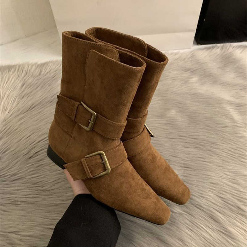 Boots French Temperament Square Women's Head Short Boots Suede Casual Ankle Boot Belt Designer Boots Botas De Mujer D260916