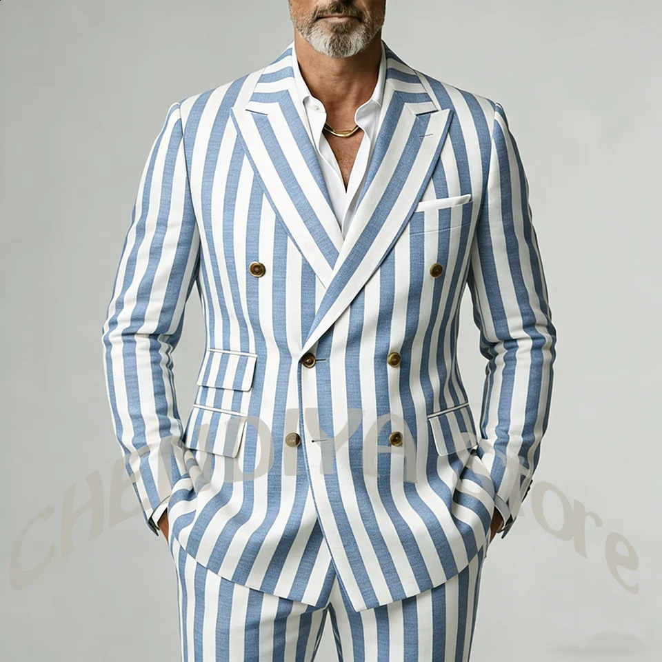 Casual Wide Striped Mens Suit Double Breasted Peaked Lapel Tailored Costume Homme Smart Business Office Daily Party Outfit 260916