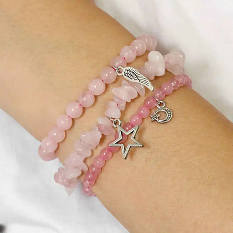 3Pcs/set Rose Quartzs Elastic Bracelet Moon Star Angel Wings Charm Bracelets For Women Natural Stone Amethysts Bangles Jewelry 260916