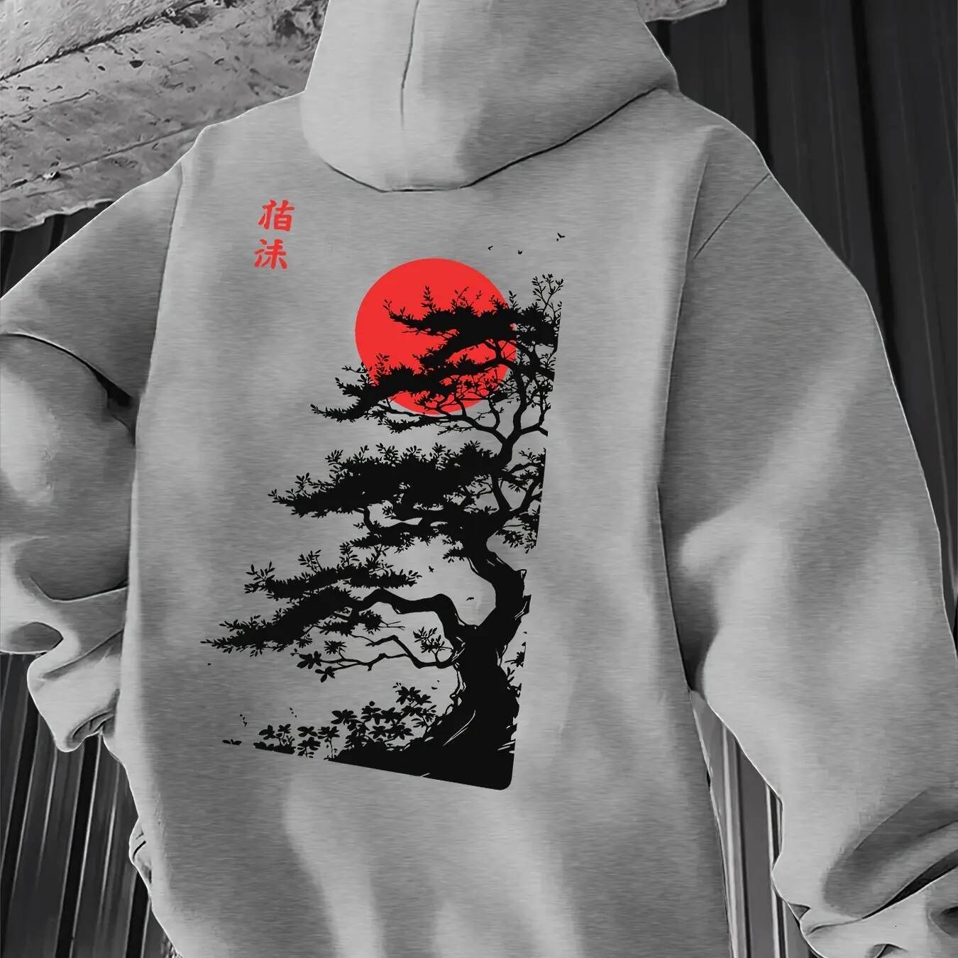 Men's Japanese Red Sun Pine Tree Graphic Hoodie Sweatshirt Sumi-e Ink Art Print Oriental Streetwear Oversized Pullover Autumn J260916