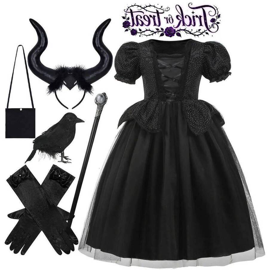 2026 New Halloween Holiday Party Deluxe Witch perfume Black Fluffy cologne Dress + Accessories Set Evil Wizard Uniform Costume Birthday Gift Vestido