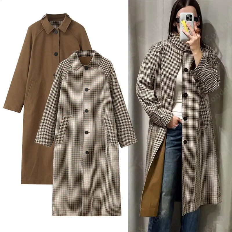 Double Sided Plaid Long Jackets For Women Single Breasted Long Sleeve Commute Street Female Trench Coat 2026 Autumn Chic Outwear 260916