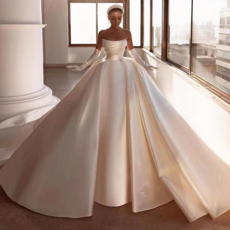 Luxury Tiered Satin Ball Gown Wedding Dress Robe De Marriage Sleeveless Beading Pearls Off The Shoulder Bridal Skirts