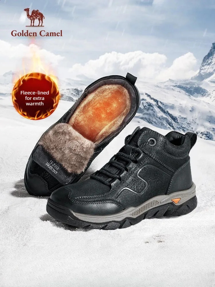 GOLDEN CAMEL Mens Hightop Snow Boots Winter Plus Velvet Warm Retro Cow Leather Trendy Casual Cotton Shoes for Men Waterproof 260916