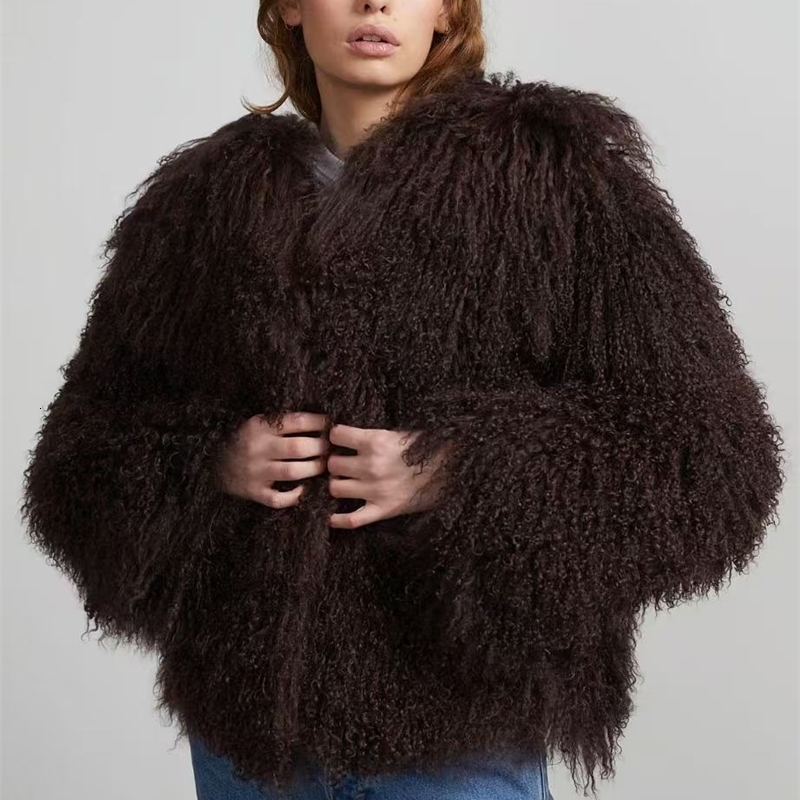 Mongolian Fur Coat Fur Jacket Women's Elegant Fluffy Solid Color Thickened Thermal Long Sleeve Coat Winter Fashion Oversized Lad 260915