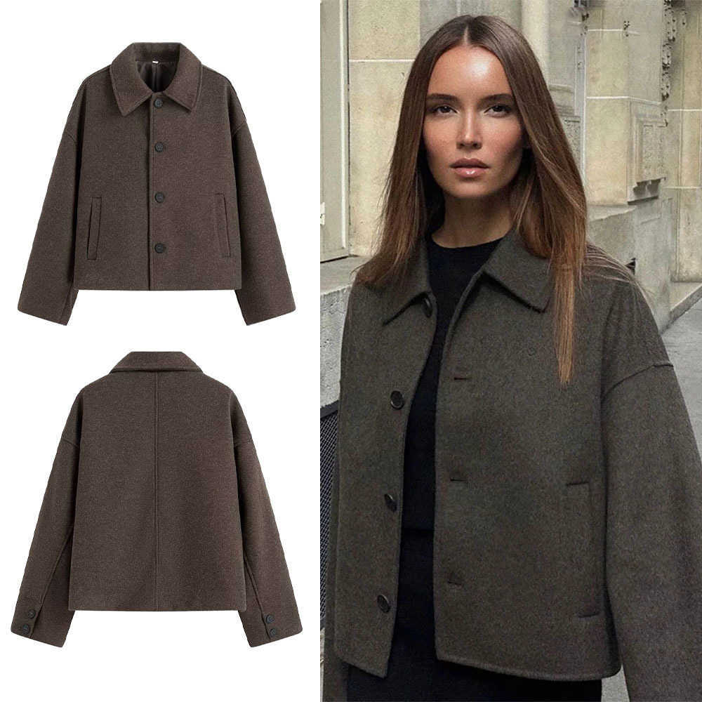 Jacket Woolen Women's Elegant Loose Long Sleeve Turndown Single Breasted Female Overcoat 2024 Winter Fashion Casual Lady CoatT260916