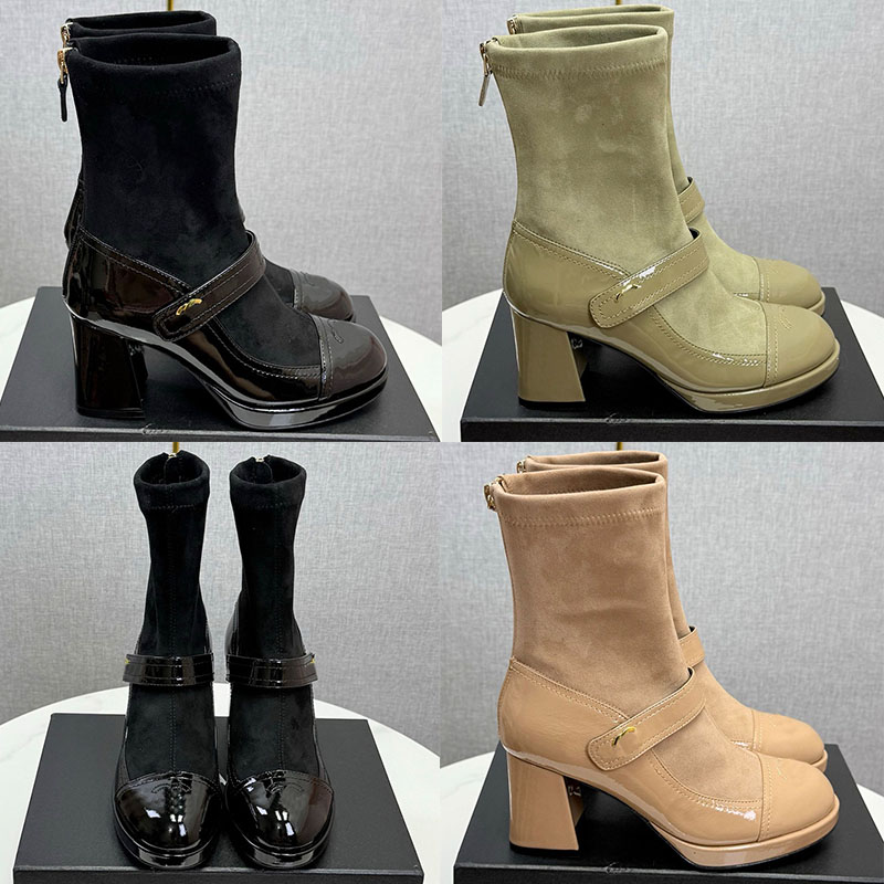 Women Short Boots Designer Retro Round Toe High Heeled Boots Color Blocking Splicing Waterproof Platform Thick Sole Back Zipper Trendy Outdoor Fashi