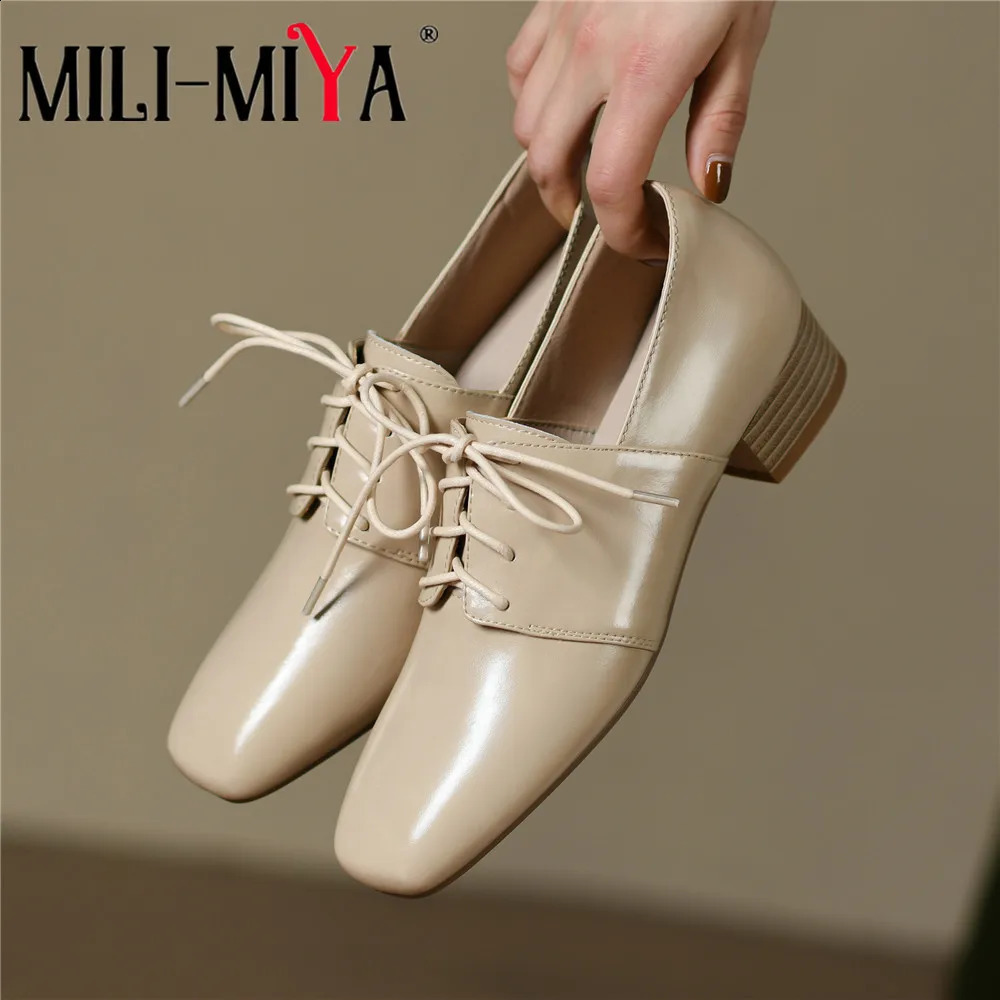 MILI-MIYA Concise n Women Cow Leather Pumps Casual Lace Up Solid Color Round Toe Thick Heels Plus Size 34-43 Handmade For L 260916
