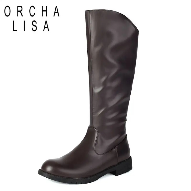 ORCHA LISA Zipper Big Size 48 49 Leisure Daily Knee High Bota Brown Vintage Mens Riding Boots Round Toe Thick Heels 3cm 260916