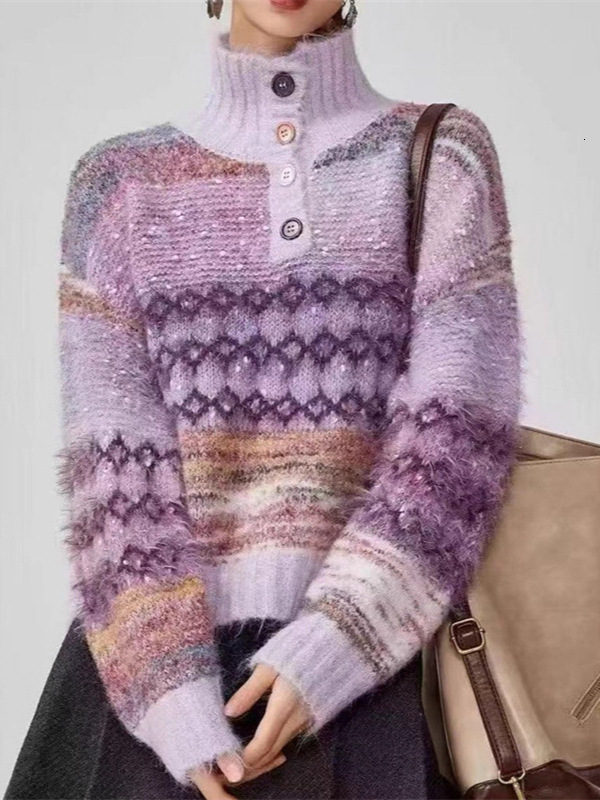 European American Cross-Border Colorful Striped Turtleneck Sweater Coat For Women, New Autumn/Winter Korean-Style Gentle And Elegant Shiny Knit Pull