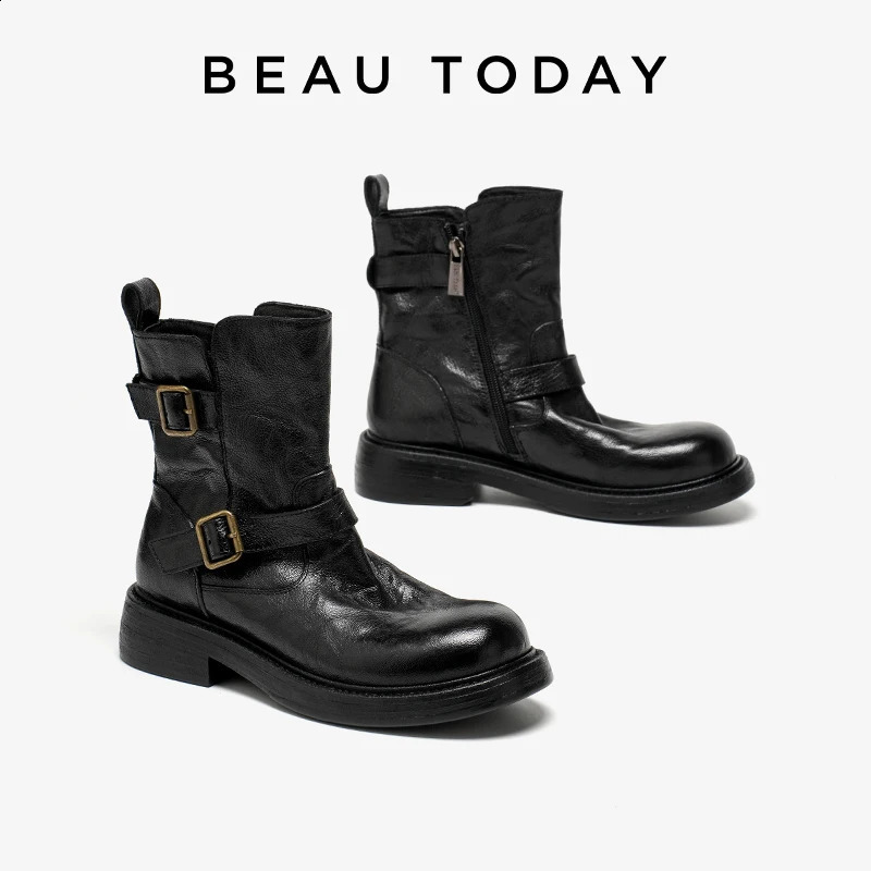 BEAUTODAY Ankle Boots Women Sheepskin Leather Round Toe Buckle Decoration Autumn Ladies Shoes Handmade 03D55 260916