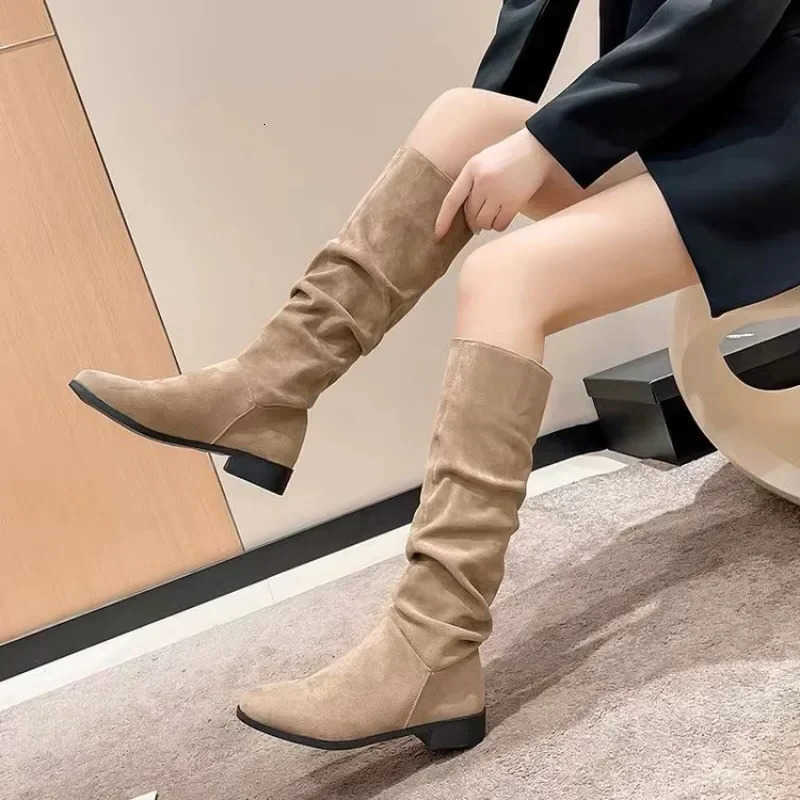 boots Winter suede women's fashion - stylish pleated round-toe long boots - elegant low-heeled plus-size fitted boots for women D260916