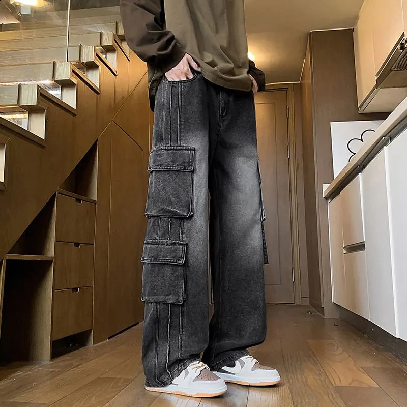 Autumn Men's Loose Jeans Multi-pocket Work-wearing Jeans Street Hip-hop Straight Wide-leg Pants Baggy Dance Pants 260916