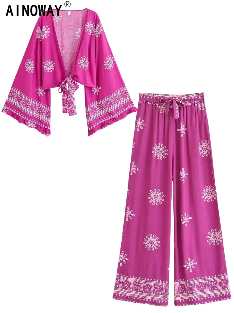 Vintage Chic Women Purple Floral Print Coverups Outfits Kimono Robe Bohemian Wide Leg Pants 2 Pieces Rayon Boho Sets Swimsuit 260907