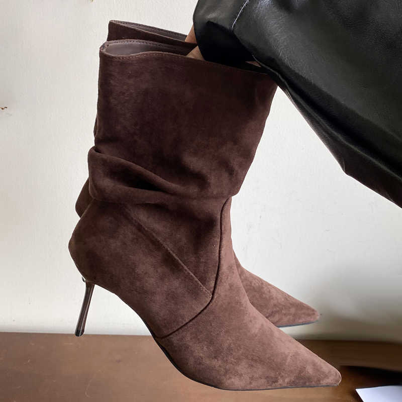 Quality Aneikeh High Autumn fashion Pointed Toe Vintage Ankle Boots Sexy Thin Low Heel Women Slip on Designer Pleated Party Shoe D260916