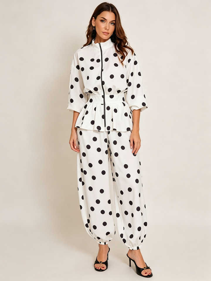 2026 LIMO Women Polka Dot Printed Two Piece Outfit Zip Blouse Elastic Waist Jogger Pants Set S260916CJBZ