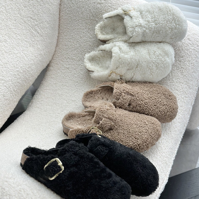 Women Black sherpa fleece designer Slippers bkstock Clog Curly Plush Shearling Texture Gold Buckle Cork shoes Men's Open Back Slip On Warm Wint