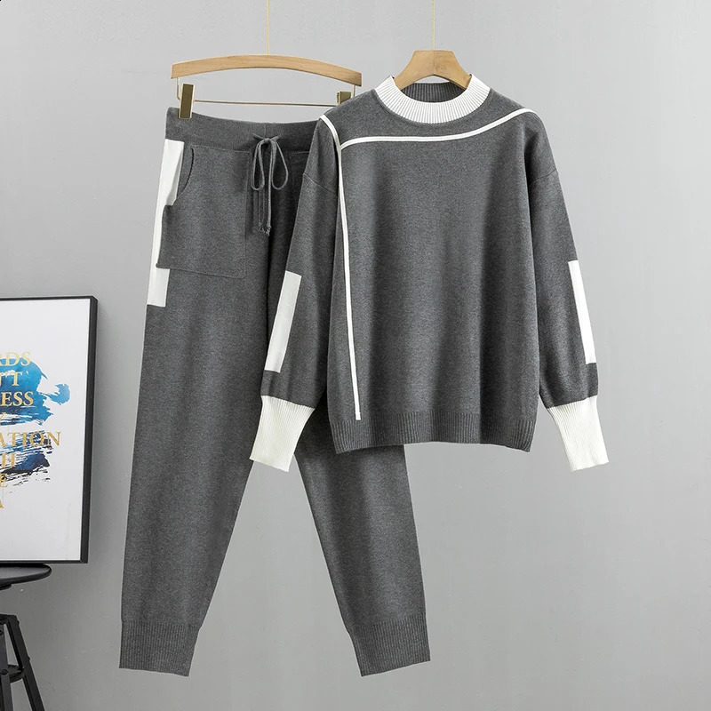 Autumn Runway 2 Pieces Set Knitted Long Sleeve Pullovers Sweater Casual Patchwork Fashion Women Tops and Pants Suits Spring 260916