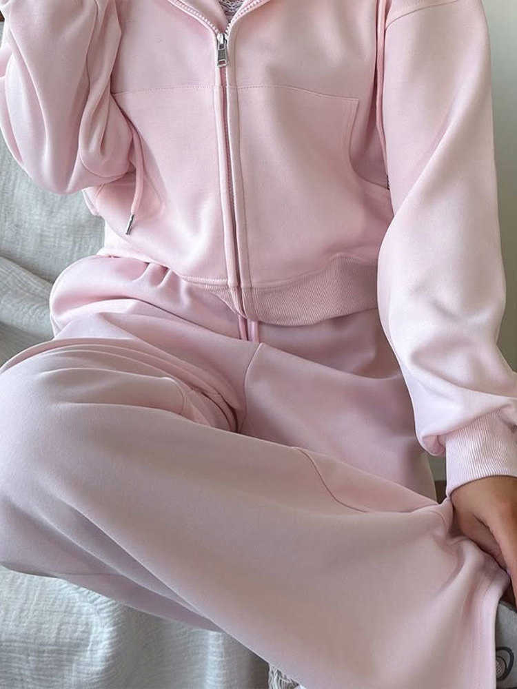 Solid Fashion Top Pants 2 Piece Sets Women Full Slve Zipper Hoodie Leg Loose Pants Suit 2025 Female Autumn Chic Casual Sets S260916F3ME