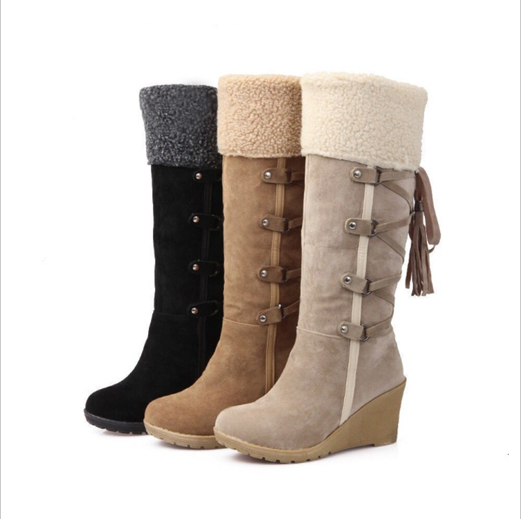 2026 European and American Foreign Trade Plus Size Women's Cotton Suede Back Lace-up Tassel High Slip-on Wedge Snow Boots