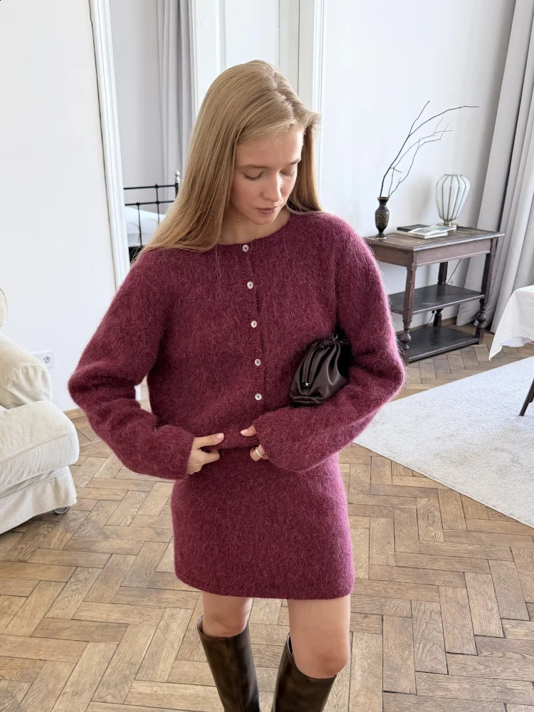 Elegant Solid Knit Skirt Set Women O-neck Long Sleeve Single-breasted Cardigan Mini Skirts Suit 2026 Autumn Lady Street Outfit 260916