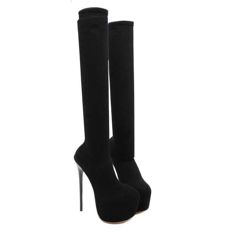 Platform Aneikeh Winter Sexy fashion Heels Woman Over Knee Boots Women Black Knitting Round Toe Thigh High Long Socks Lady Shoes D260916