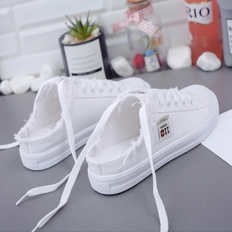 2023 Spring Summer Women Canvas Shoes flat sneaker casual shoes low upper lace up white Large size 43 260916