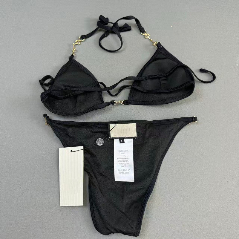 Women Solid Black Triangle Swimwear Bikini 2 Piece Set Gold Chain Decor Halter Tie High Cut Tanga Swimsuit Summer Beach Bathing Suit