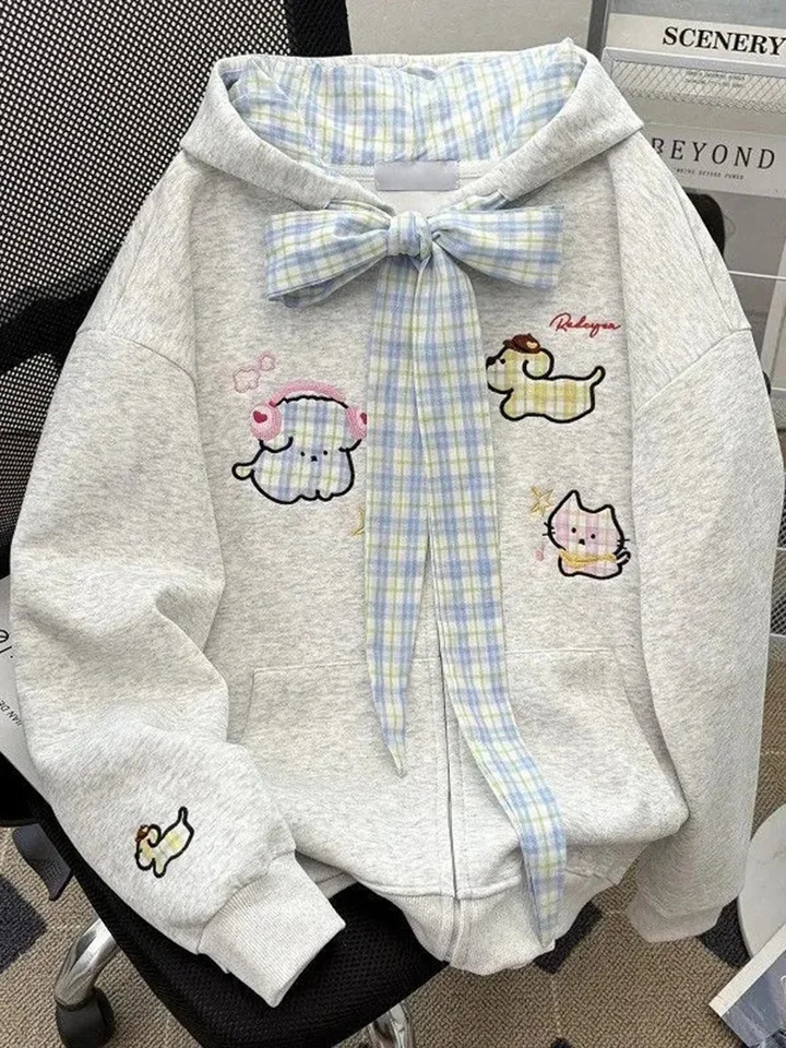 Fall Cartoon Cute Hoodies Women Vintage Long Sleeve Kawaii Preppy Style Sweatshirts Plaid Lace Up Patchwork Female Japan Tops 260916