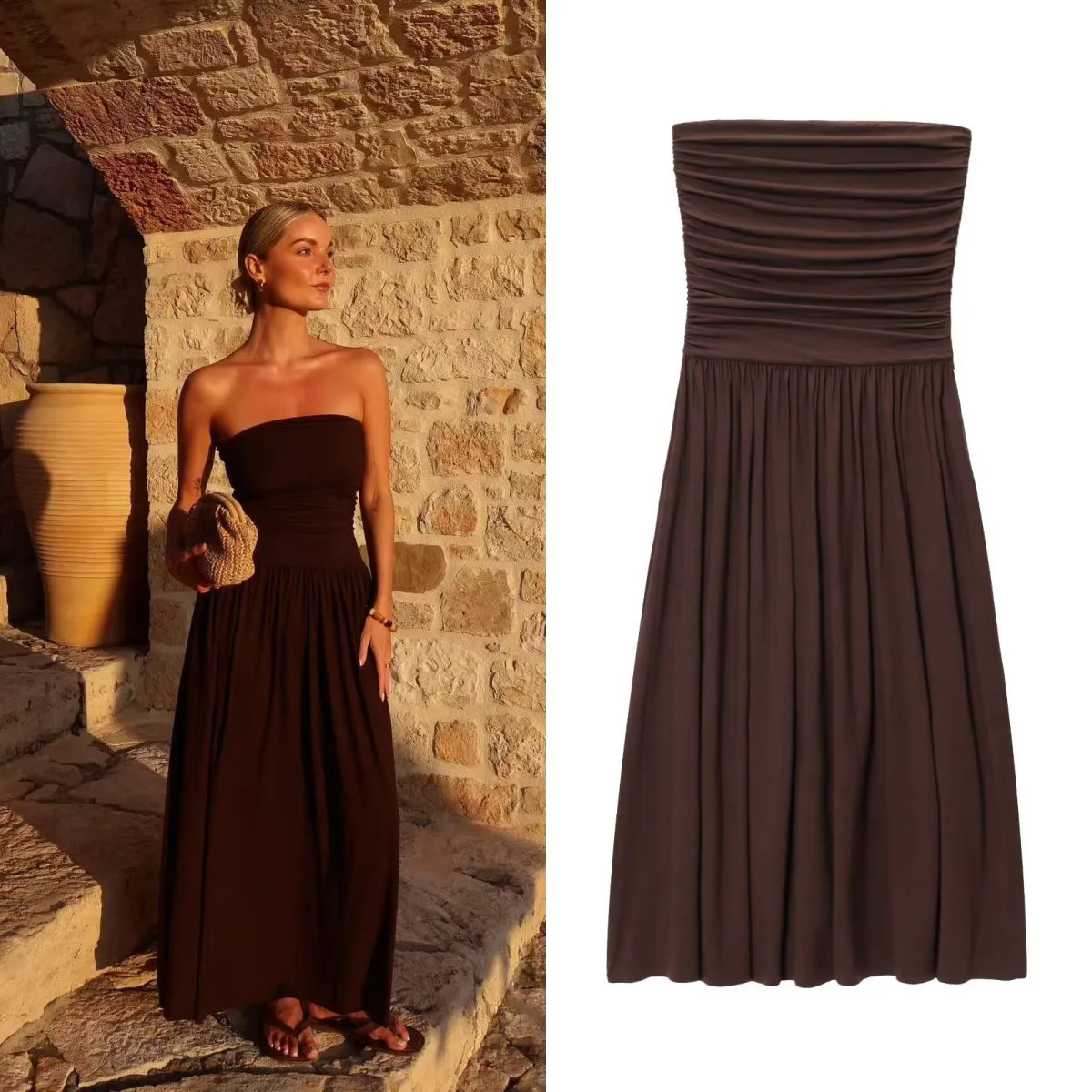 ETJ womens dress elegant sexy offshoulder fashion pleats details slimming strapless dress 260916