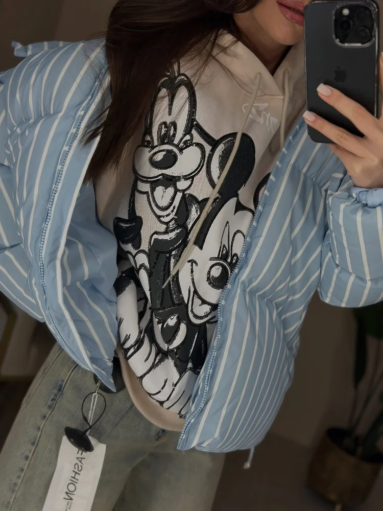 Striped Hooded Cotton Jacket Women Fashion Stand Collar Full Sleeve Zipper Pocket Warm Jackets Lady Winter Daily Street Coats260915