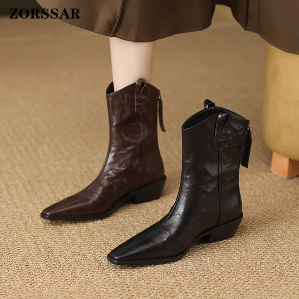2026 Autumnwinter Women Boots Genuine Leather Western Shoes Pointed Toe Chunky Heel Chelsea Retro Ankle Boot 260916