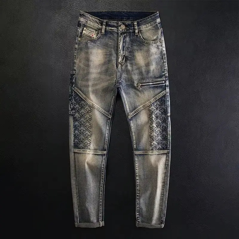 Vintage Patchwork Embroidery Men Slim Motorcycle Pants y ed Clothes Spring Autumn ner Jeans Trousers Man 260915
