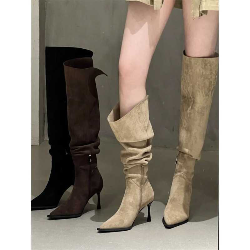 the over High knee heels long boots for women 2025 new style spicy Maillard big round pointed pile boots D260916
