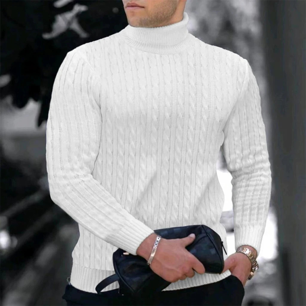 Autumn Winter Men's Knit Sweater High Neck Warmth Fashion Solid Color Slim Fit Male Bottoming Tops Jacquard Pullovers 260916