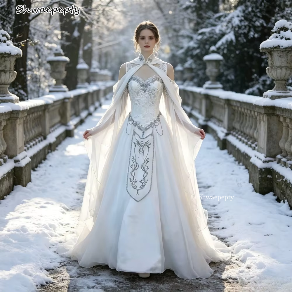 White Fantasy Wedding Dress Sweetheart Straps Off Shoulder Lace Embroidery Beaded A Line Bridal Gown With Sheer Cape Custom Made