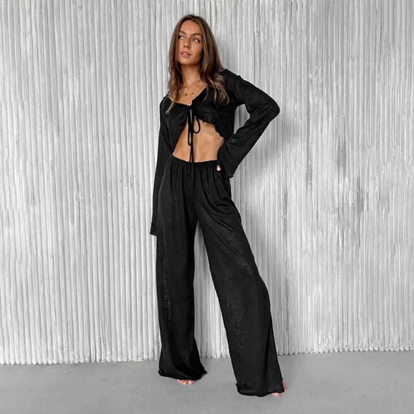 HiLoc Sexy V-Neck Knitted Thin Trousers Pajamas Women Casual Lace-Up Crop Tops With Loose Long Pants Sleepwears White Suits 2026 260916